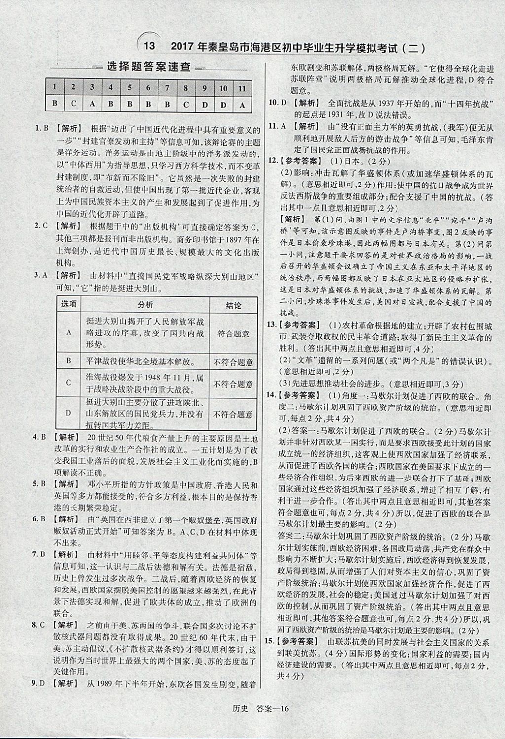 2018年金考卷河北中考45套汇编历史第6年第6版 参考答案第16页