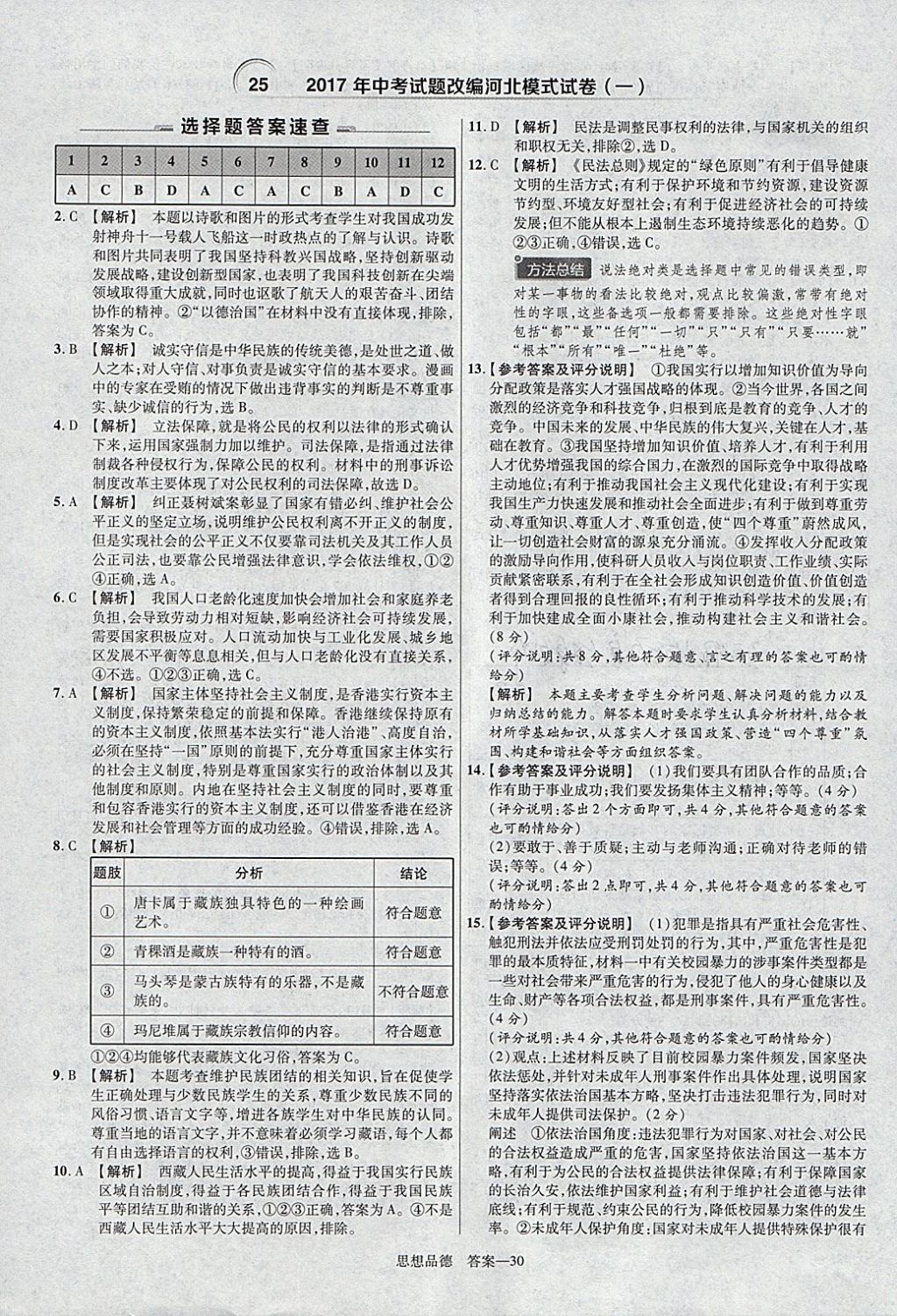 2018年金考卷河北中考45套匯編思想品德第6年第6版 參考答案第30頁