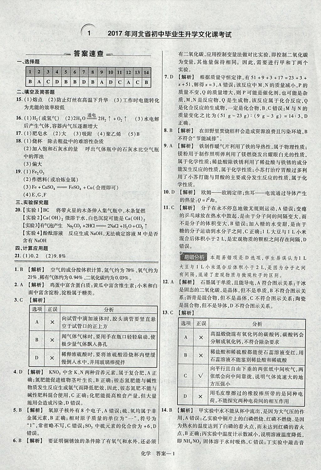 2018年金考卷河北中考45套匯編化學(xué)第6年第6版 參考答案第1頁