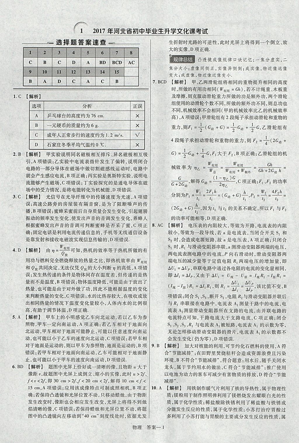 2018年金考卷河北中考45套汇编物理第6年第6版 参考答案第1页
