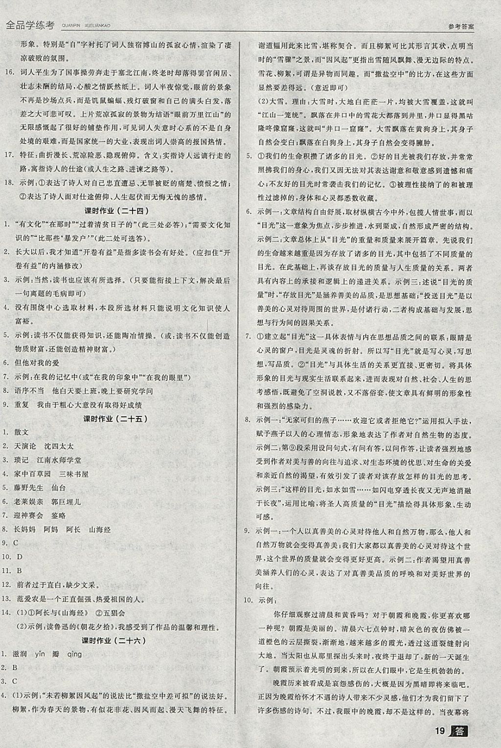 2018年全品學(xué)練考九年級語文下冊蘇教版 參考答案第19頁