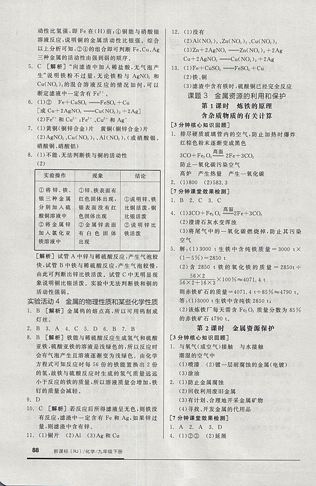 2018年全品基础小练习九年级化学下册人教版 参考答案第2页