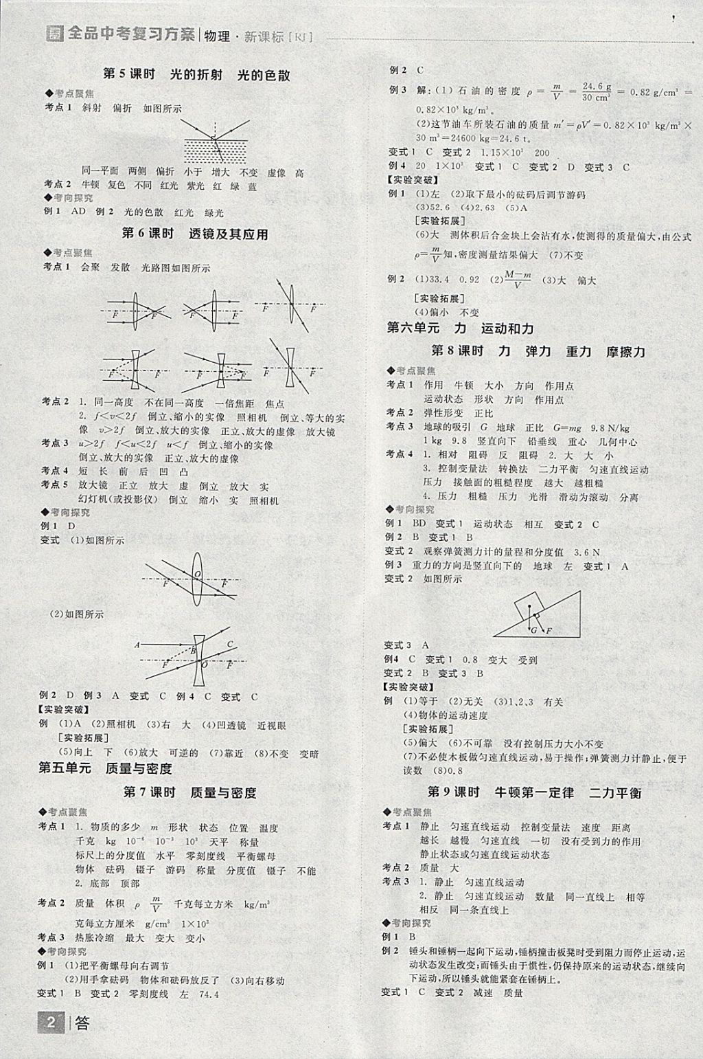 2018年全品中考復習方案物理人教版 參考答案第2頁