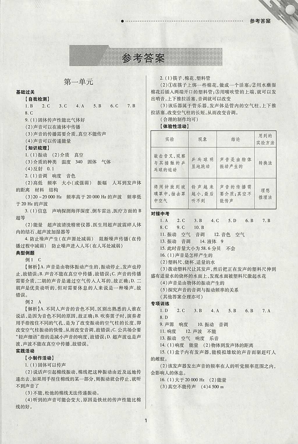 2018年山西新中考一輪加二輪加獨(dú)立專項(xiàng)訓(xùn)練物理人教版 參考答案第1頁