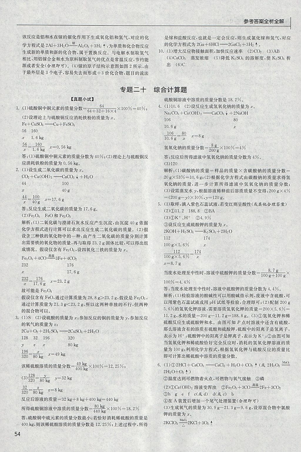 2018年实验班中考总复习化学人教版 参考答案第54页