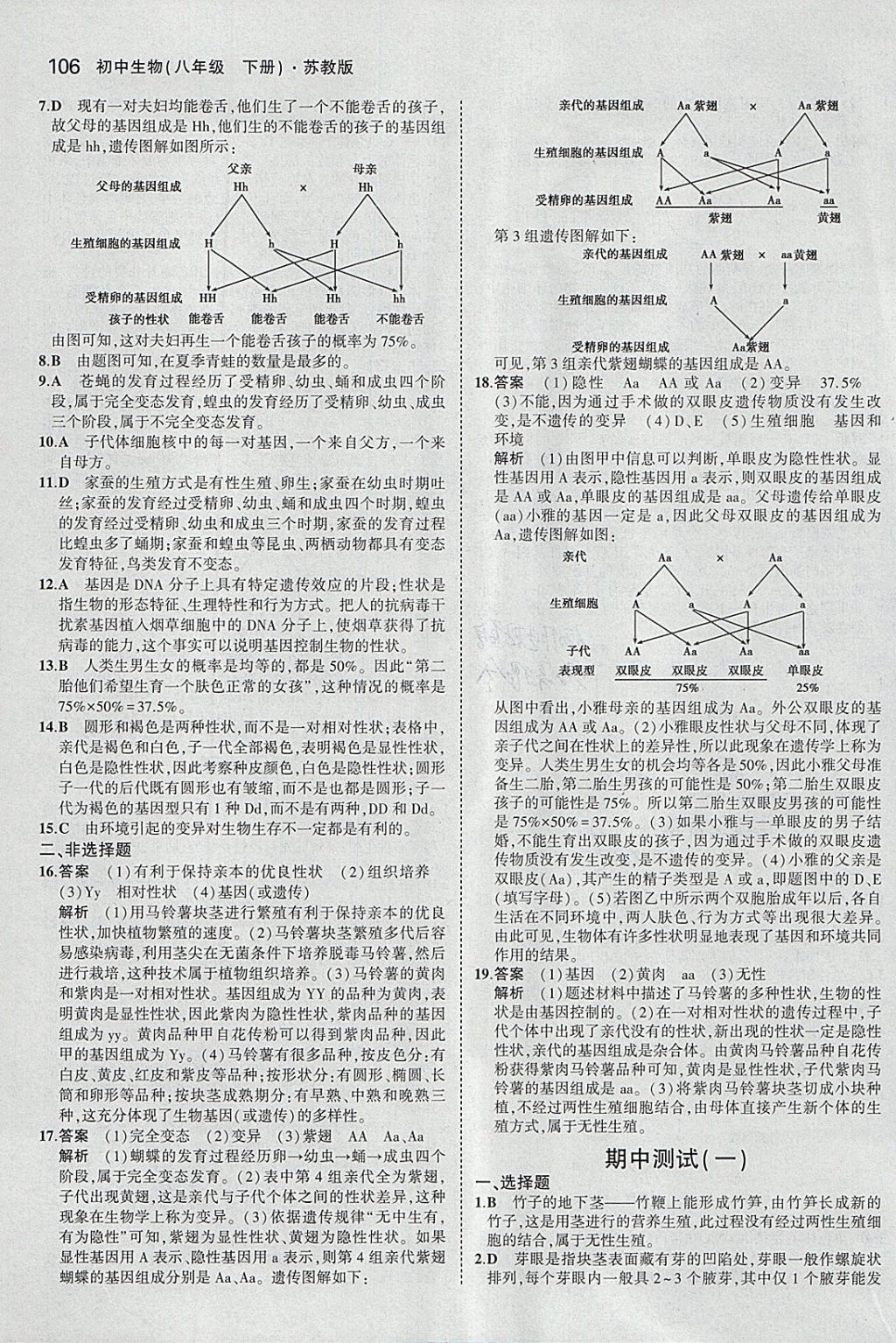 2018年5年中考3年模擬初中生物八年級下冊蘇教版 參考答案第15頁