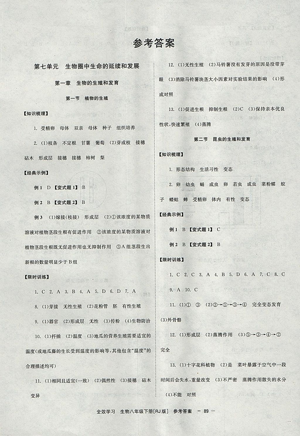 2018年全效學習八年級生物下冊人教版湖南教育出版社 參考答案第1頁