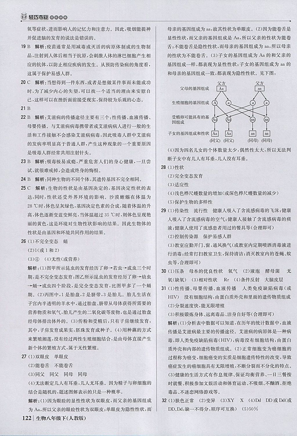 2018年1加1轻巧夺冠优化训练八年级生物下册人教版银版 参考答案第27页