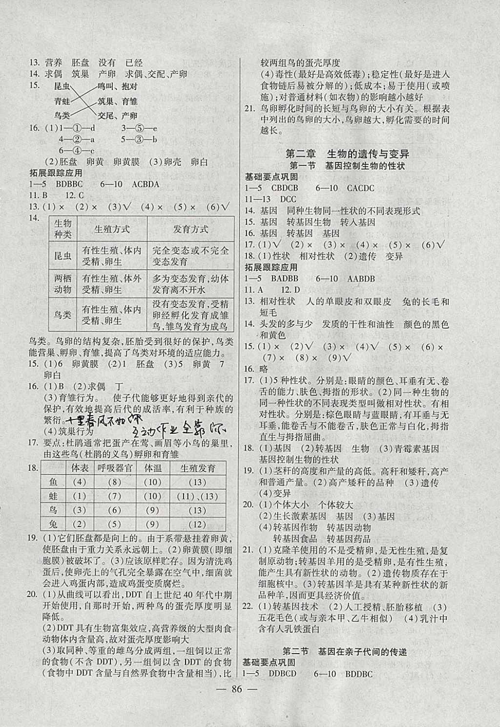 2018年自主训练八年级生物下册人教版 参考答案第2页