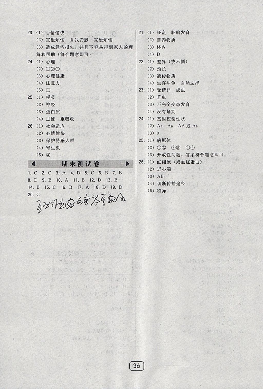 2018年北大綠卡八年級(jí)生物下冊(cè)人教版 參考答案第12頁