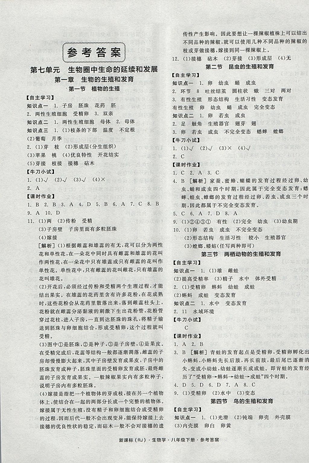 2018年全品学练考八年级生物学下册人教版 参考答案第1页