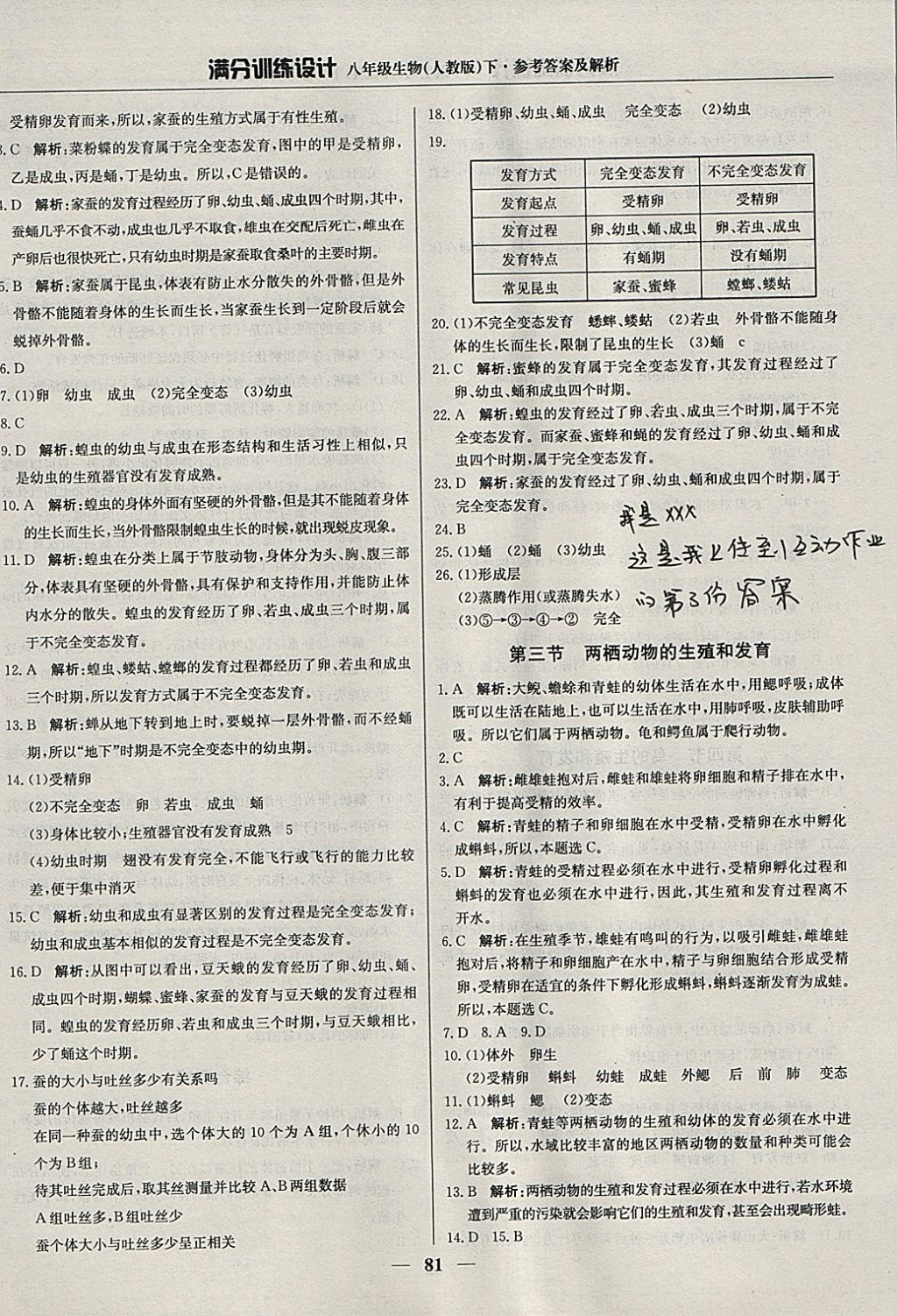 2018年滿分訓練設計八年級生物下冊人教版 參考答案第2頁