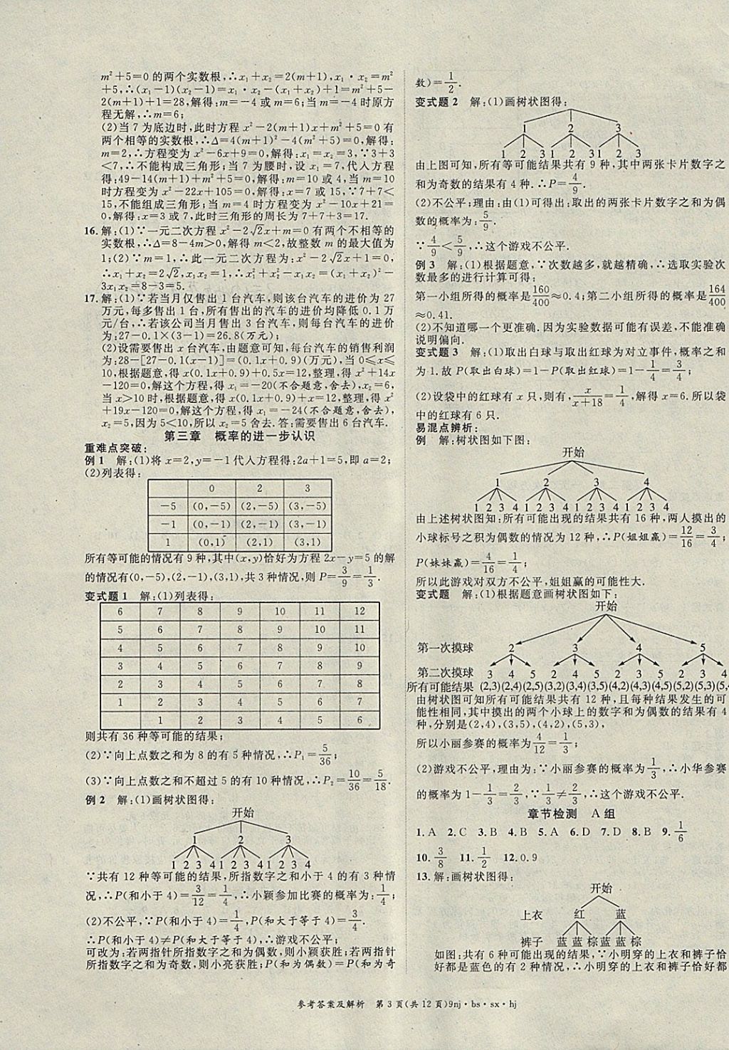 2018年金象教育U計劃學期系統(tǒng)復習寒假作業(yè)九年級數(shù)學北師大版 參考答案第3頁