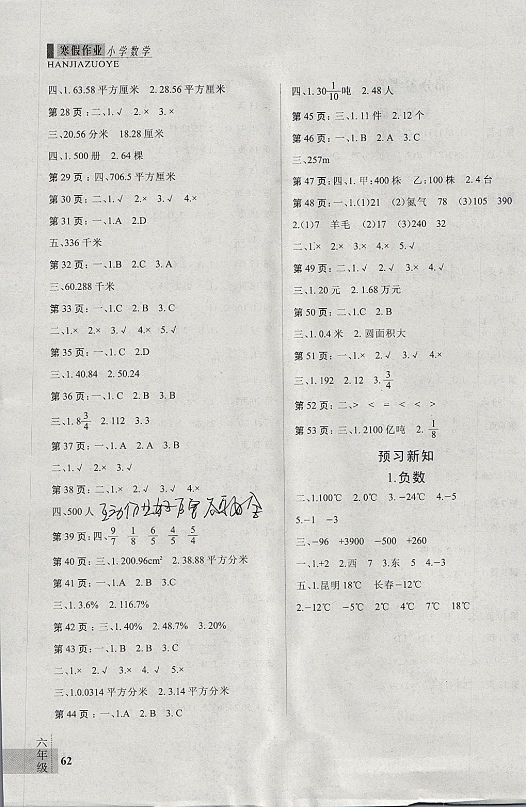 2018年新思维假期作业寒假六年级数学人教版 参考答案第2页