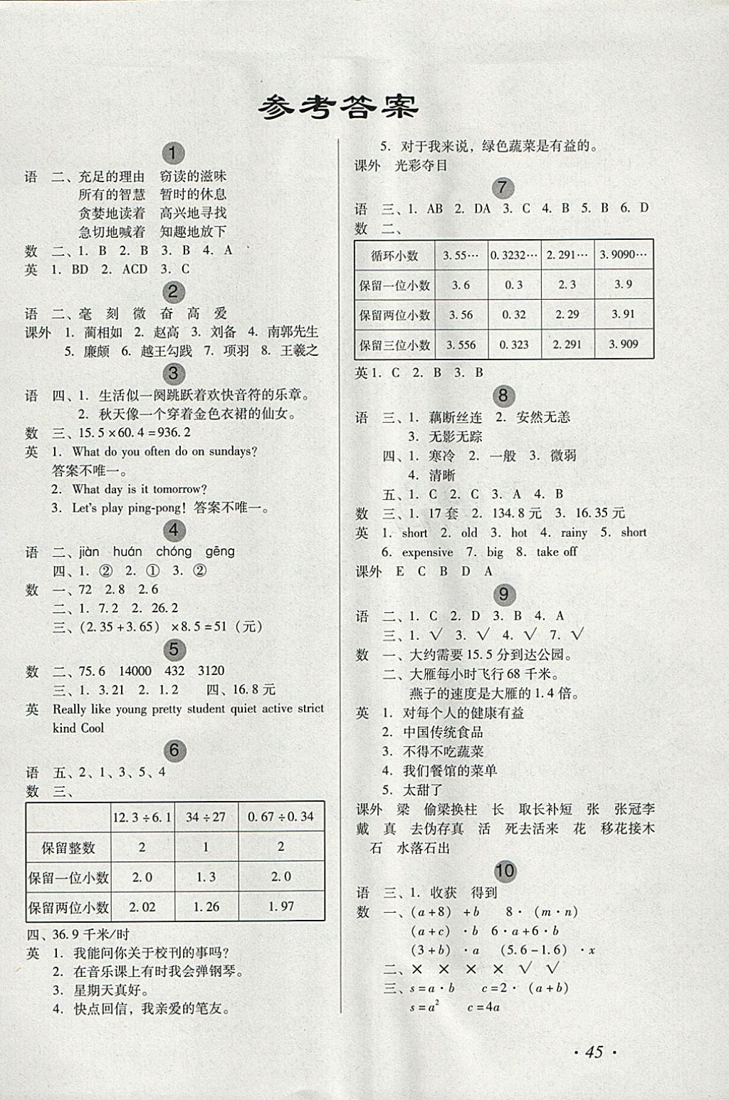 2018年欢乐假期寒假作业五年级语数英通用版 参考答案第1页