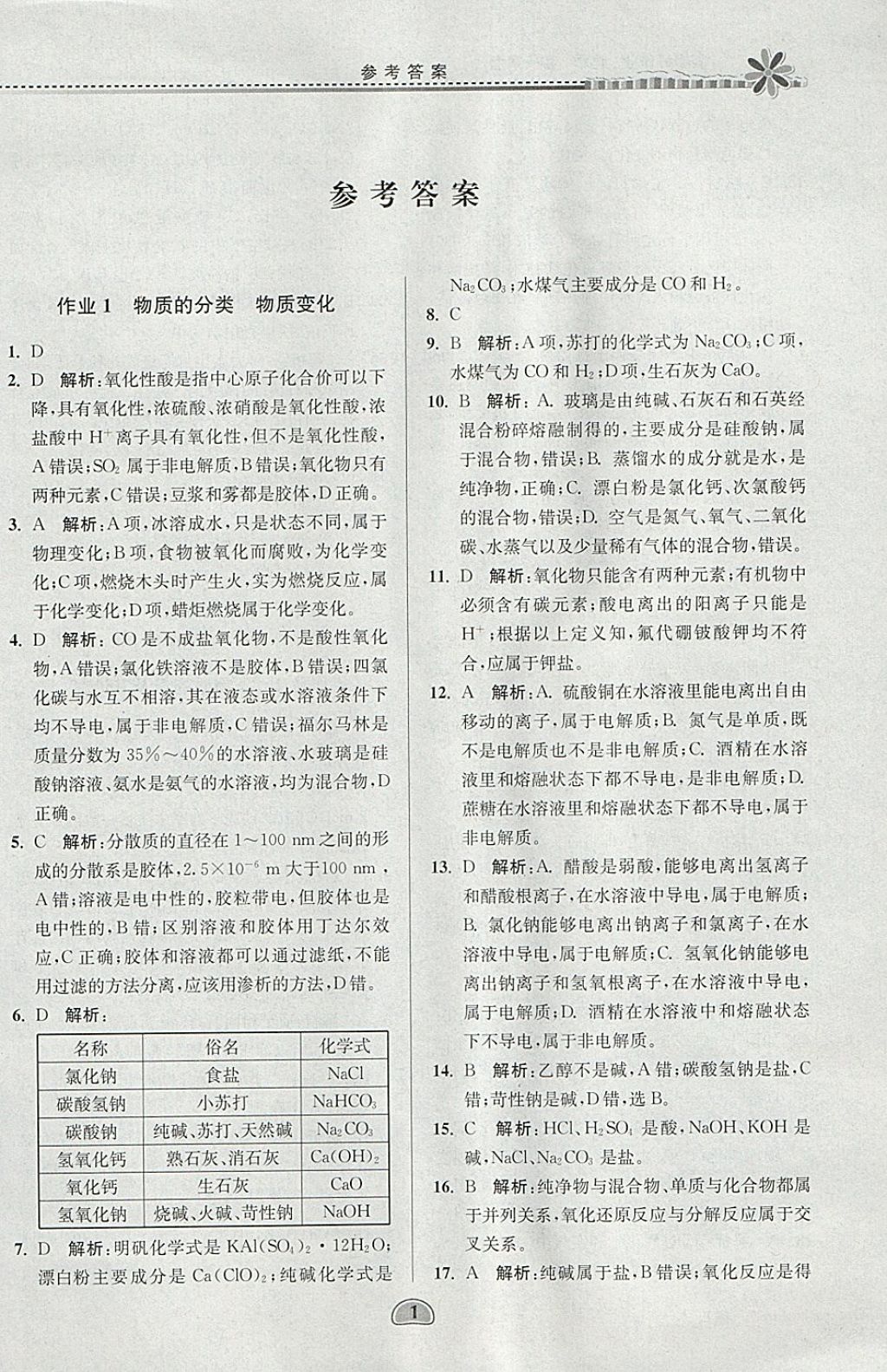 2018年假期好作业高一化学寒假 参考答案第1页