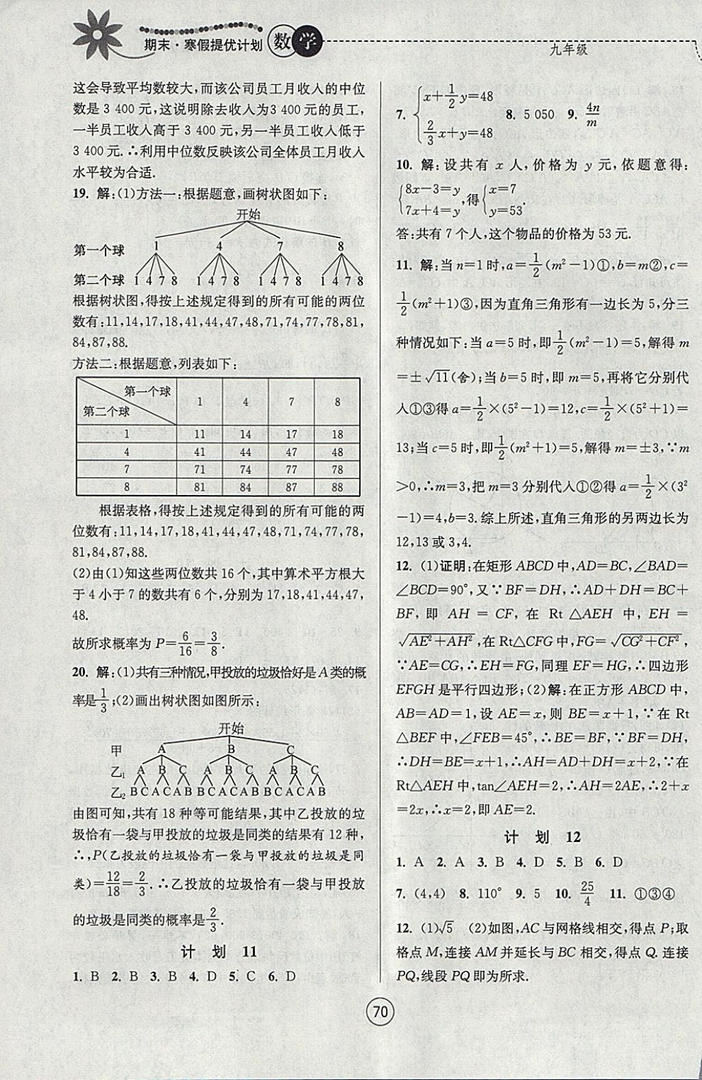 2018年期末寒假提优计划九年级数学苏科版 参考答案第10页