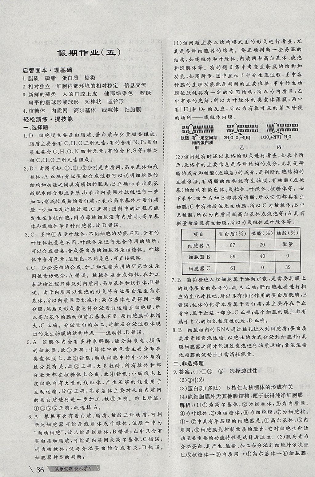 2018年一品课堂假期作业寒假高一年级生物武汉大学出版社 参考答案第4页