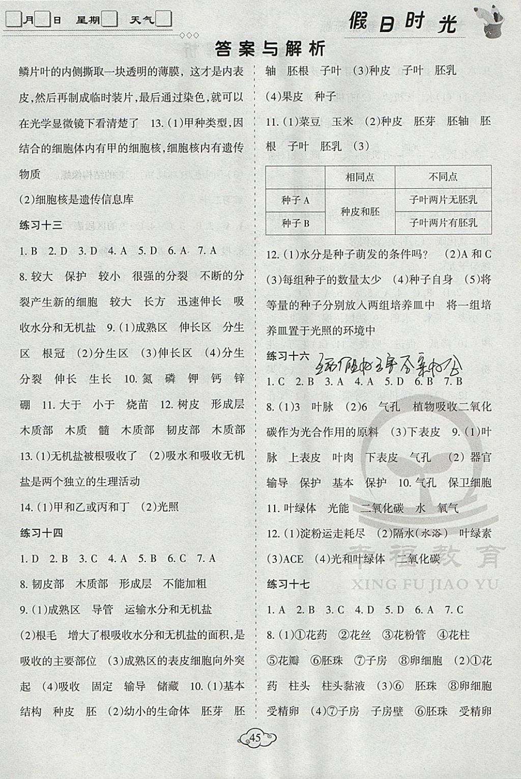 2018年假日时光寒假作业七年级生物新课标版 参考答案第3页