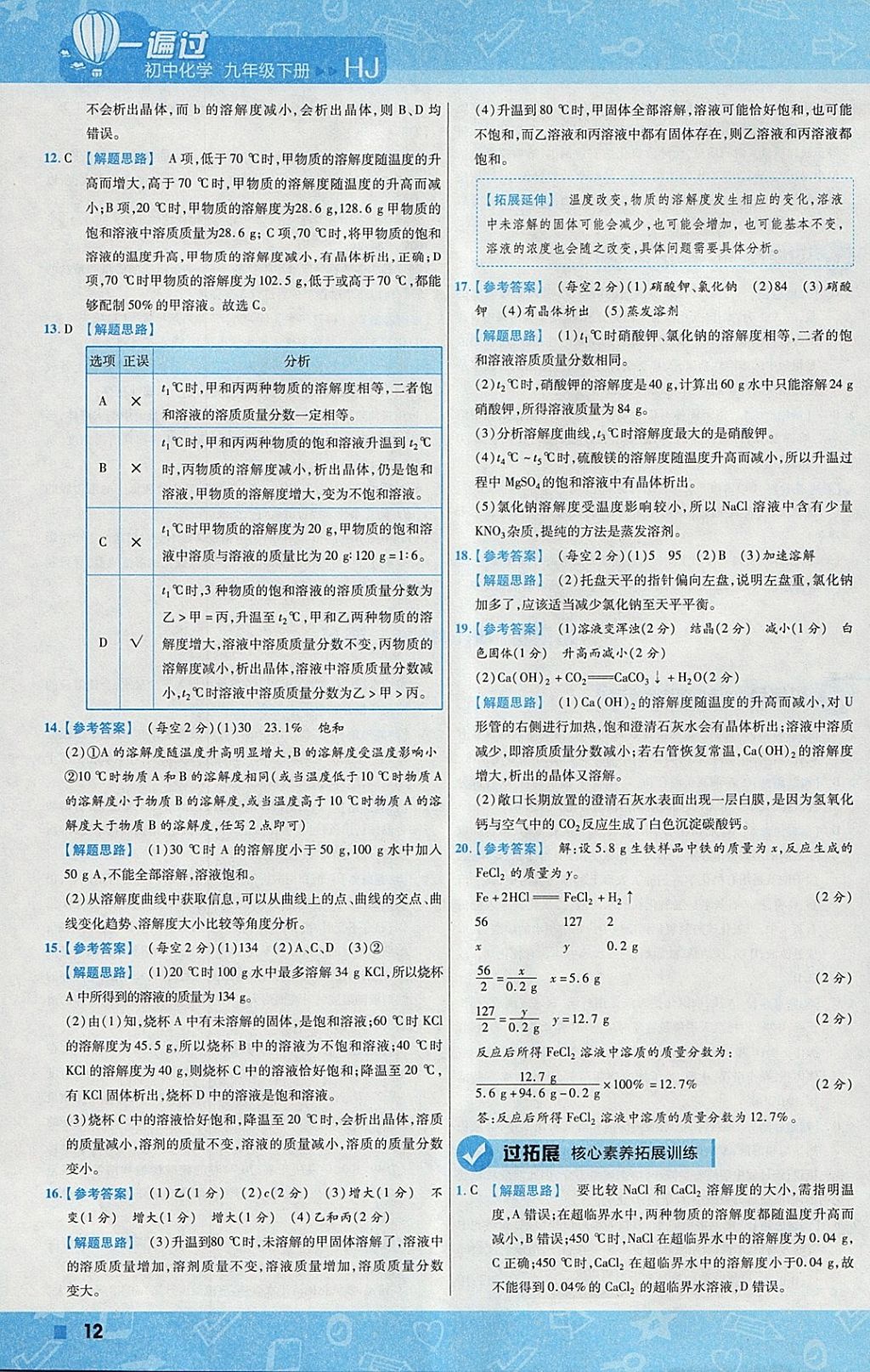 2018年一遍過初中化學(xué)九年級下冊滬教版 參考答案第12頁