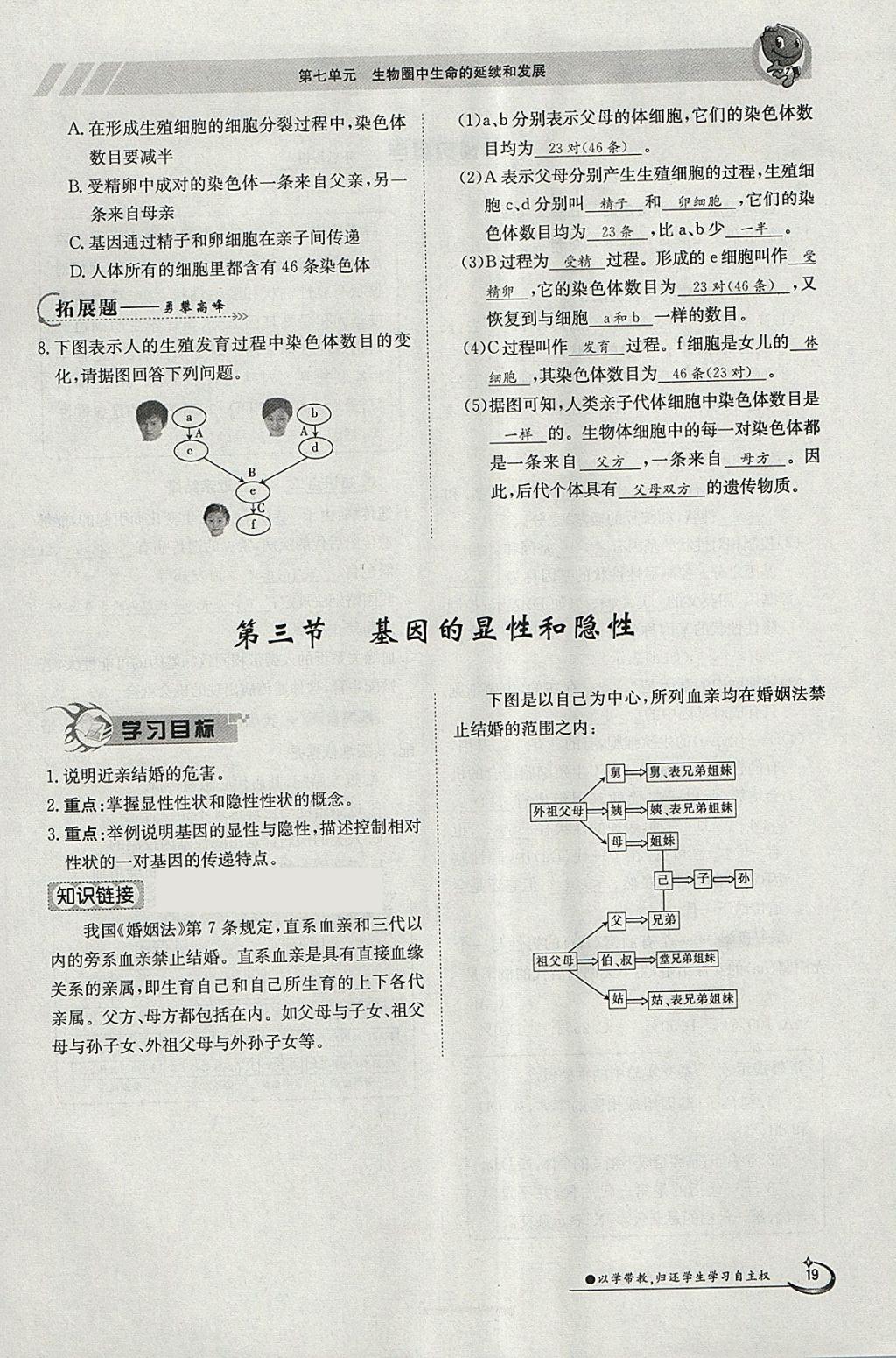 2018年金太阳导学案八年级生物下册人教版 参考答案第19页