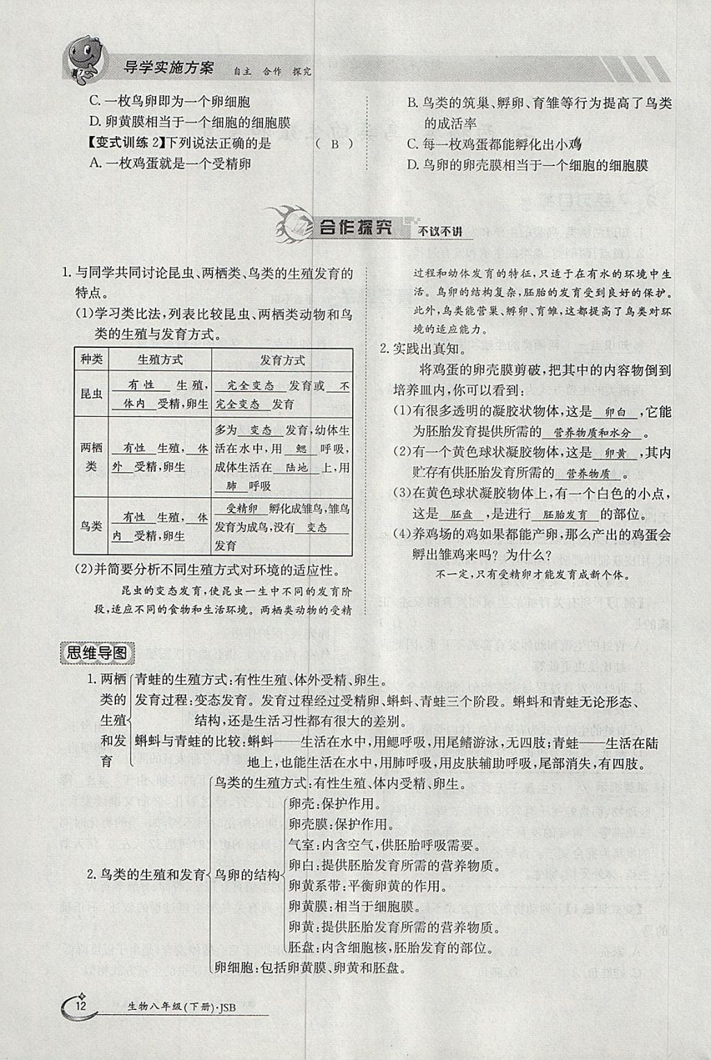 2018年金太陽(yáng)導(dǎo)學(xué)案八年級(jí)生物下冊(cè)冀少版 參考答案第12頁(yè)