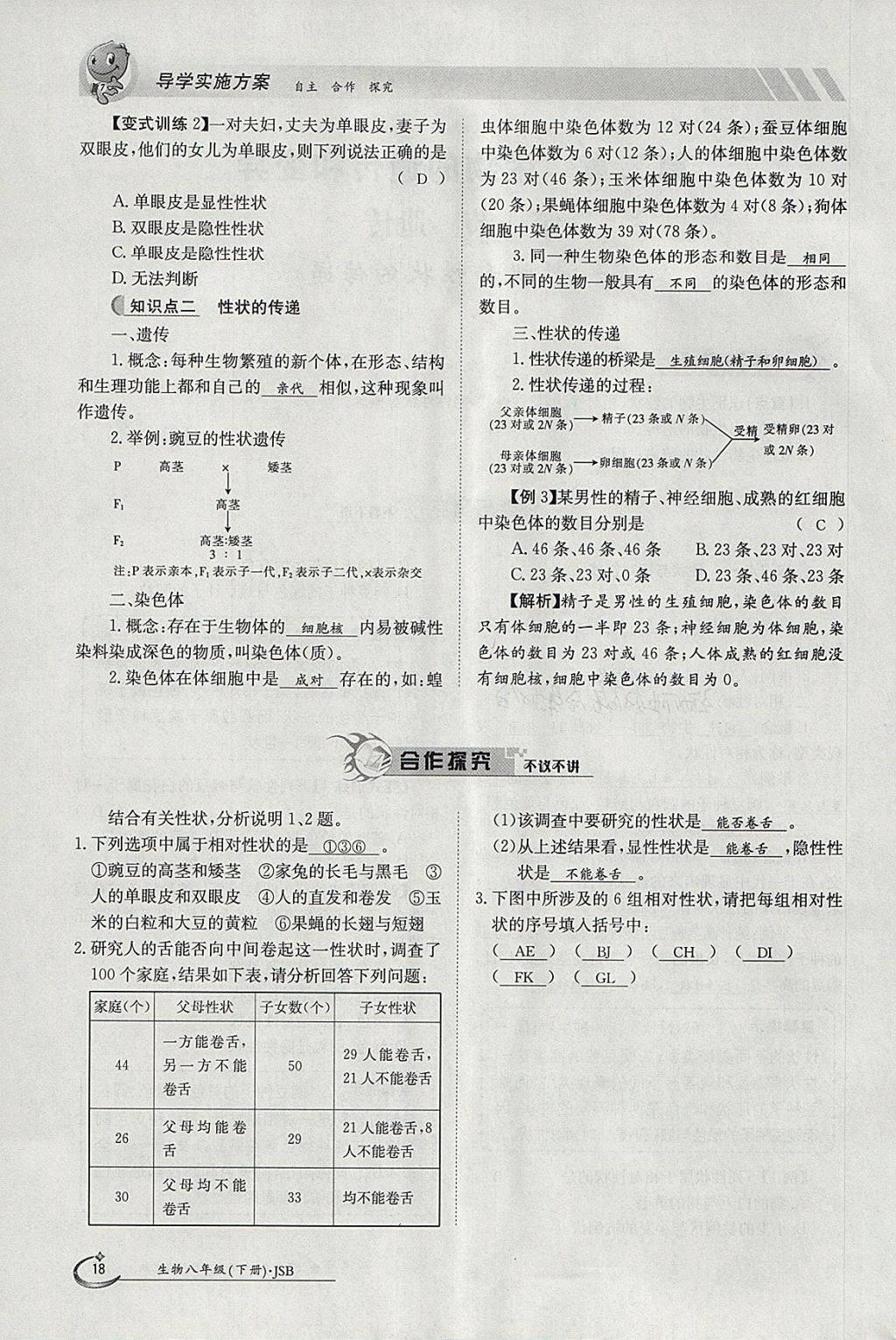 2018年金太陽導學案八年級生物下冊冀少版 參考答案第18頁