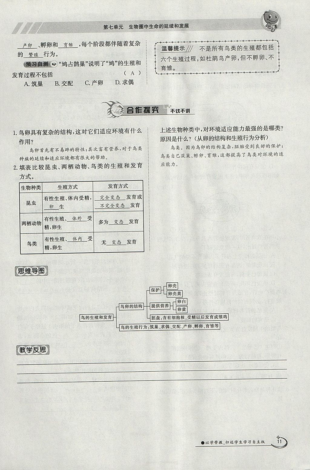 2018年金太陽導(dǎo)學(xué)案八年級生物下冊人教版 參考答案第11頁