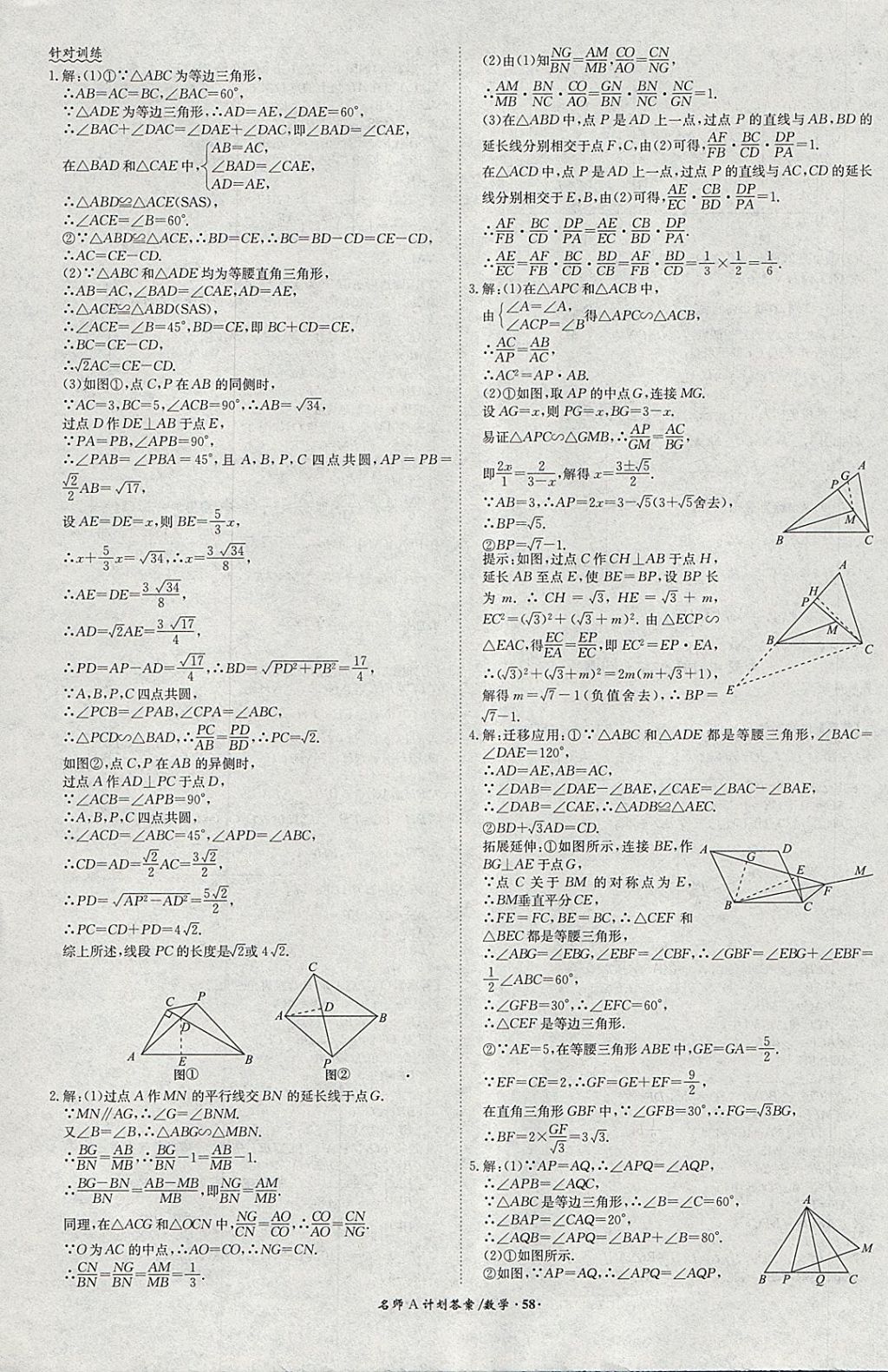 2018年安徽中考总复习名师A计划数学 参考答案第58页