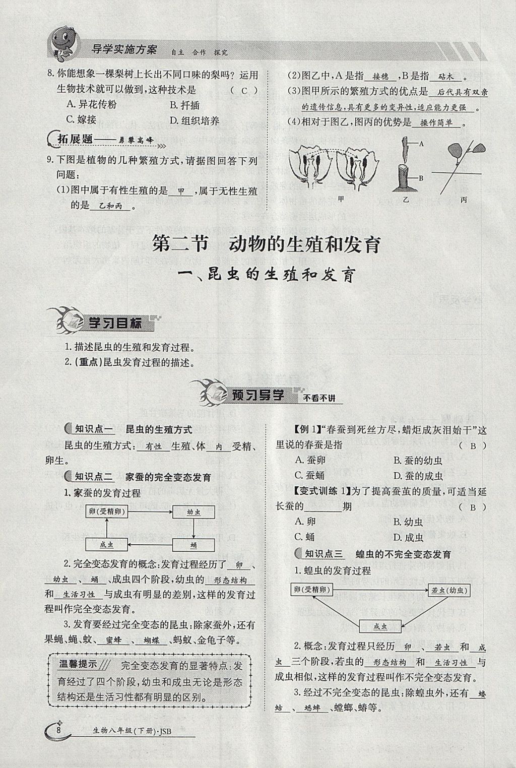 2018年金太陽導(dǎo)學(xué)案八年級(jí)生物下冊(cè)冀少版 參考答案第8頁(yè)