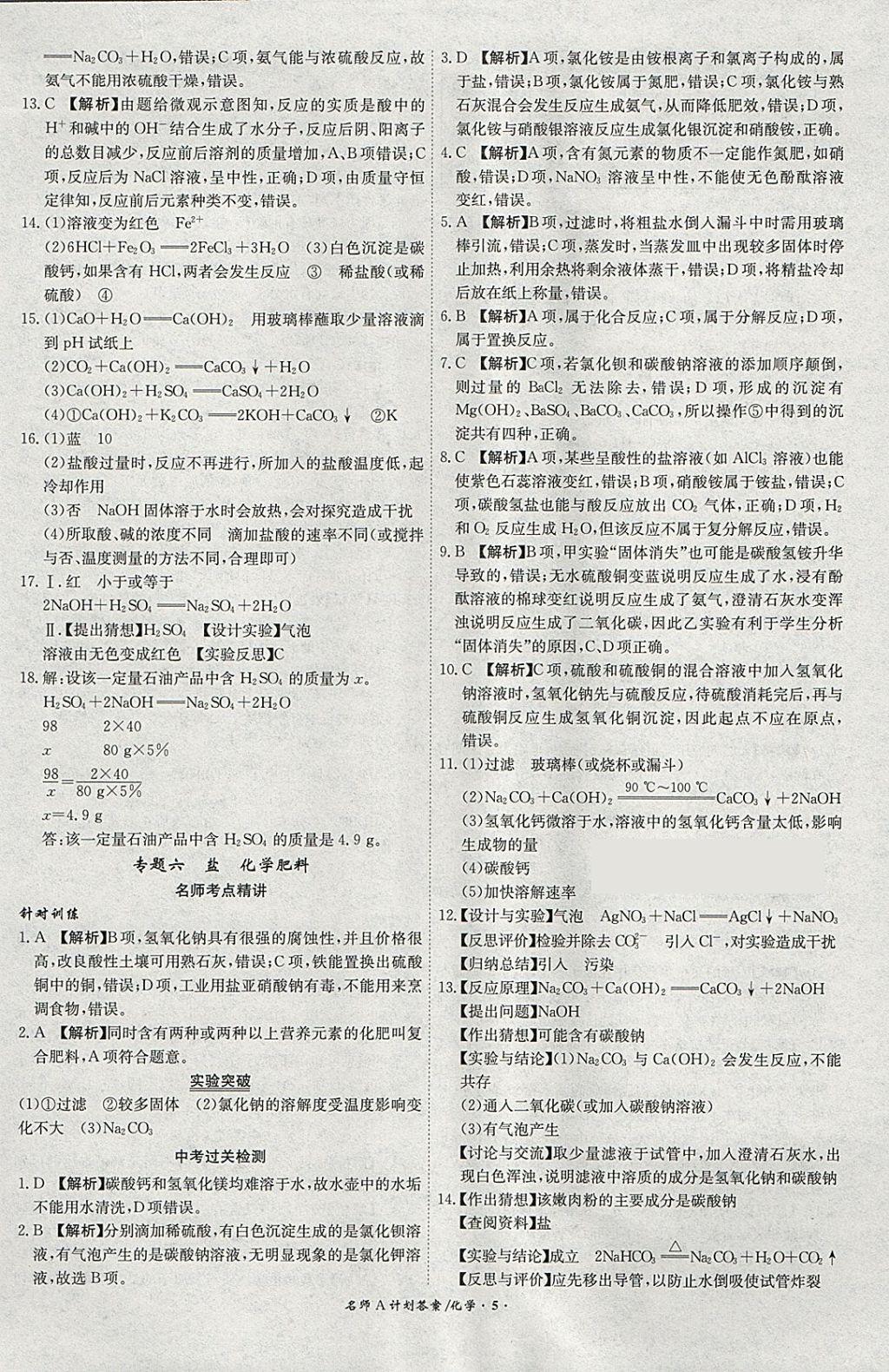 2018年安徽中考总复习名师A计划化学 参考答案第5页