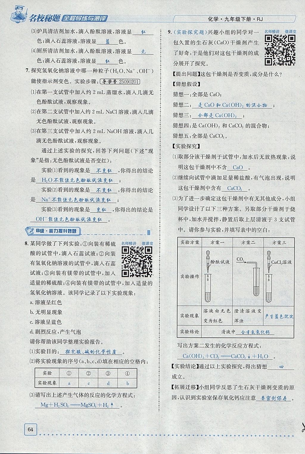 2018年名校秘题全程导练九年级化学下册人教版 参考答案第95页