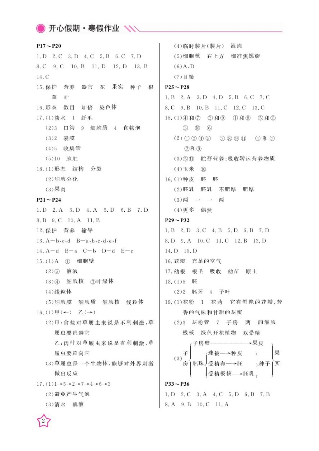 2018年开心假期寒假作业七年级生物通用版武汉出版社 参考答案第2页