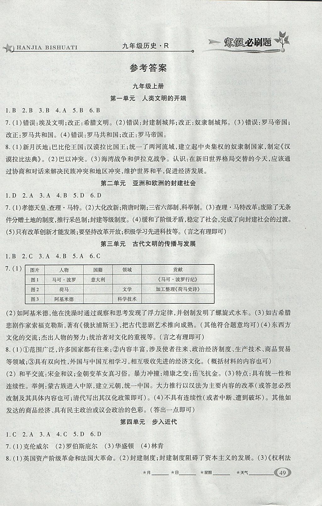 2018年假期總動員寒假必刷題九年級歷史人教版 參考答案第1頁