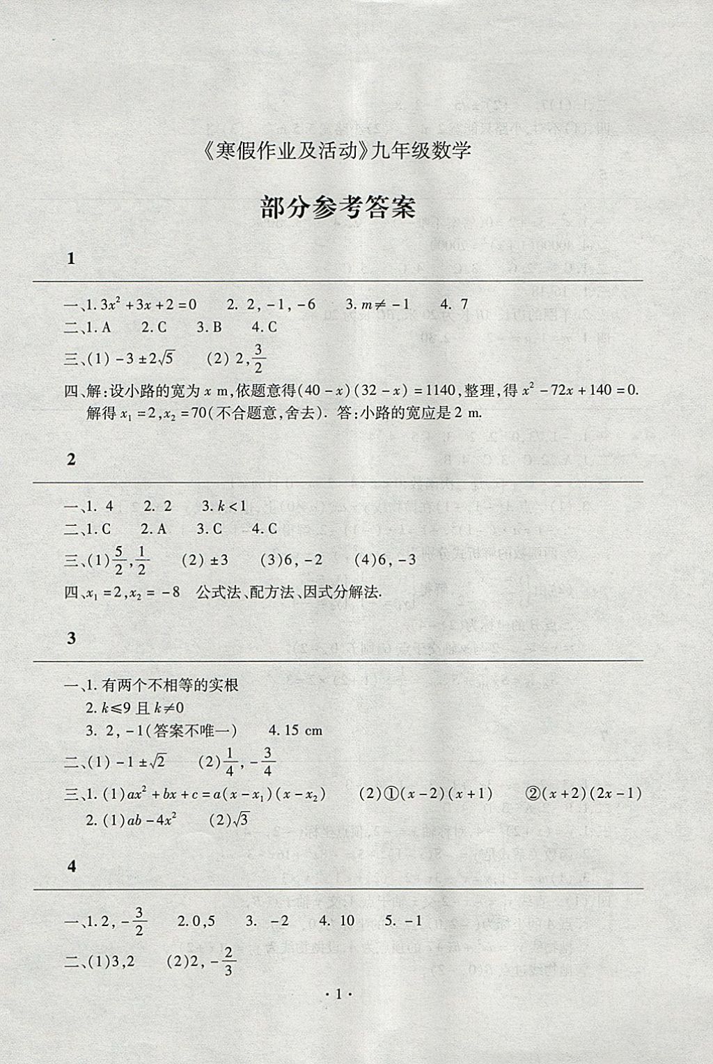 2018年寒假作业及活动九年级数学人教版 参考答案第1页