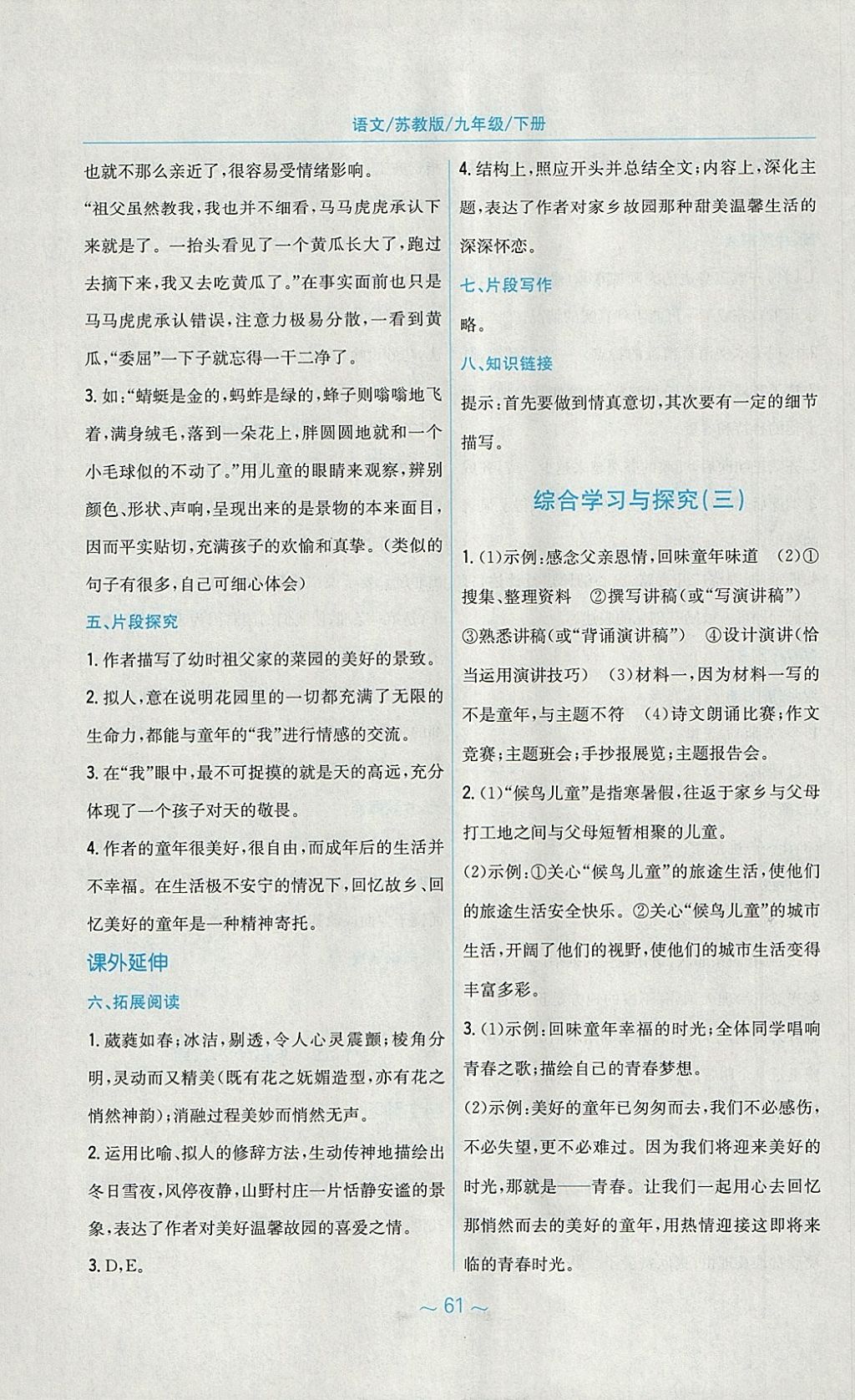 2018年新編基礎訓練九年級語文下冊蘇教版 參考答案第17頁