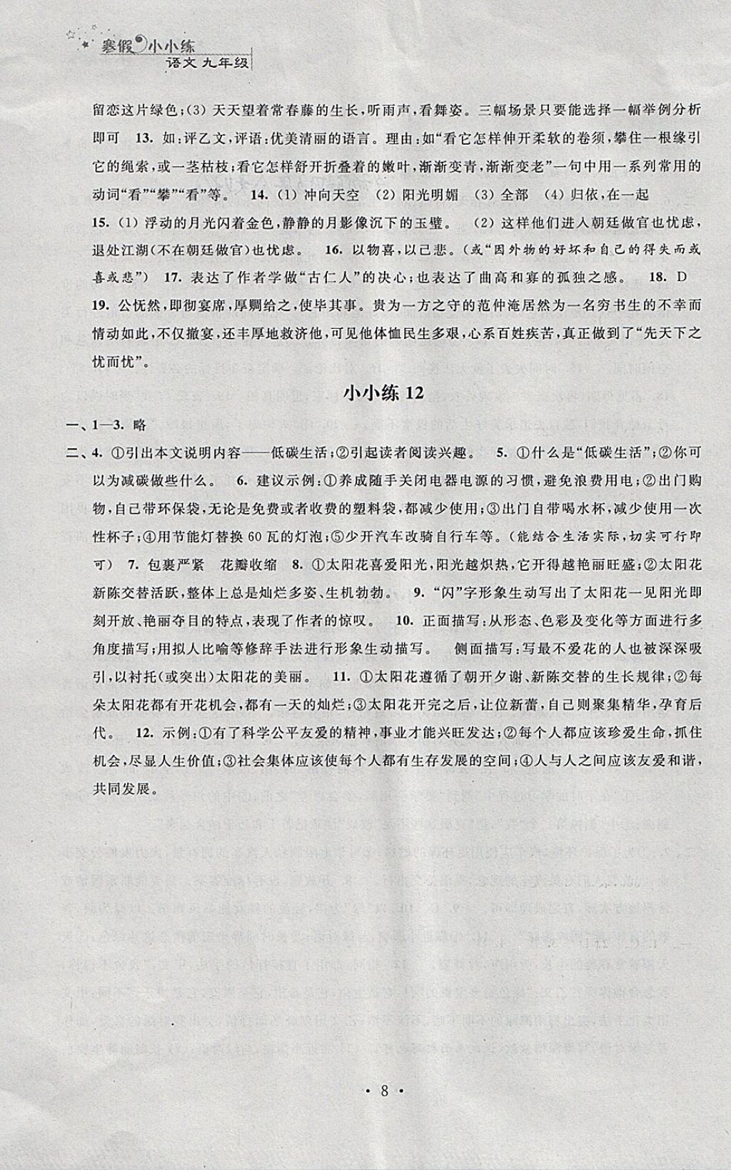 2018年寒假小小練寒假作業(yè)九年級語文數(shù)學英語物理化學合訂本 參考答案第8頁