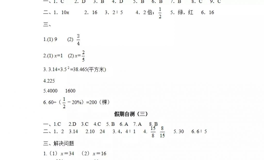 2018年阳光假日寒假六年级数学人教版 参考答案第25页