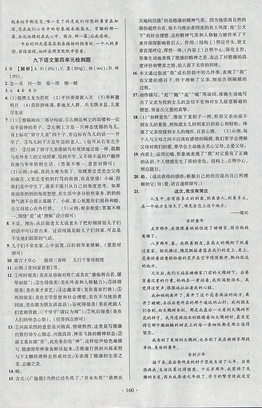 2018年课时掌控九年级语文下册人教版云南人民出版社 参考答案第20页