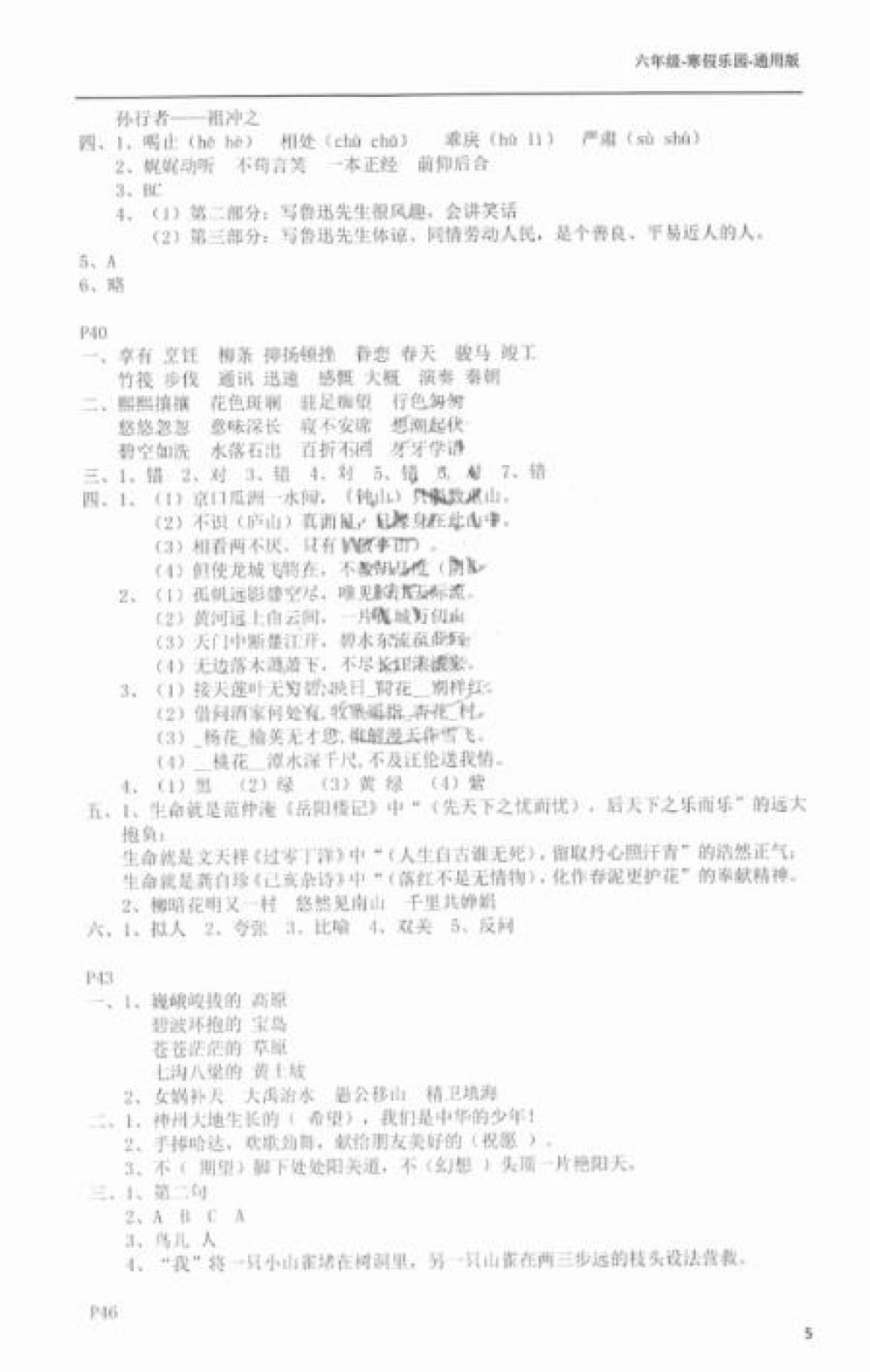 2018年寒假樂園六年級合訂本通用版廣東人民出版社 參考答案第5頁