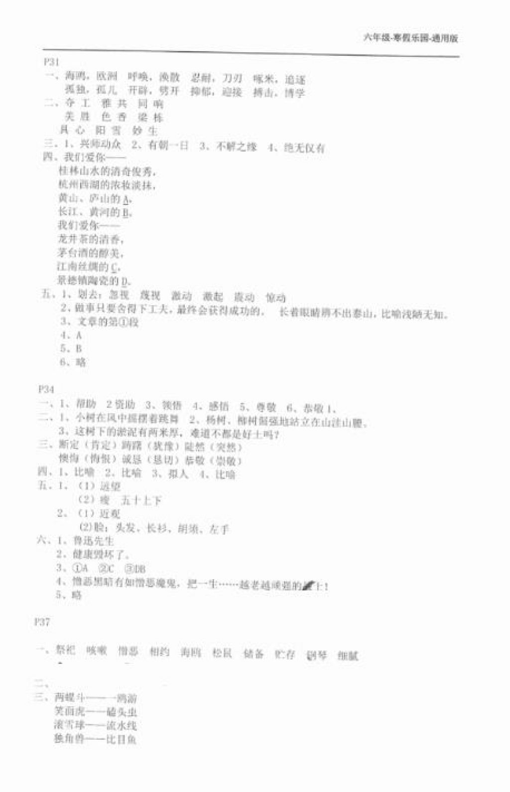 2018年寒假乐园六年级合订本通用版广东人民出版社 参考答案第4页