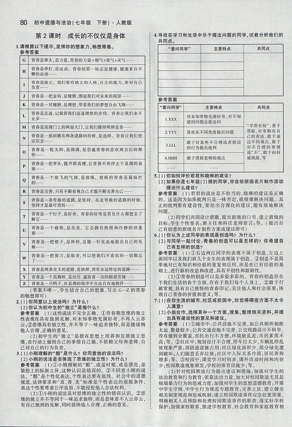 课本人教版七年级道德与法治下册 参考答案第2页