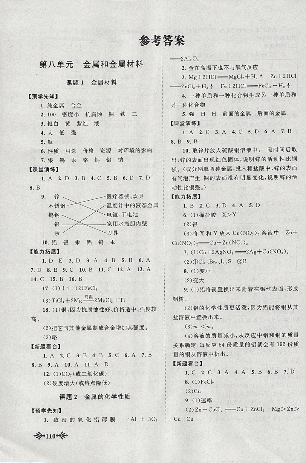 2018年自主學習當堂反饋九年級化學下冊人教版 參考答案第1頁