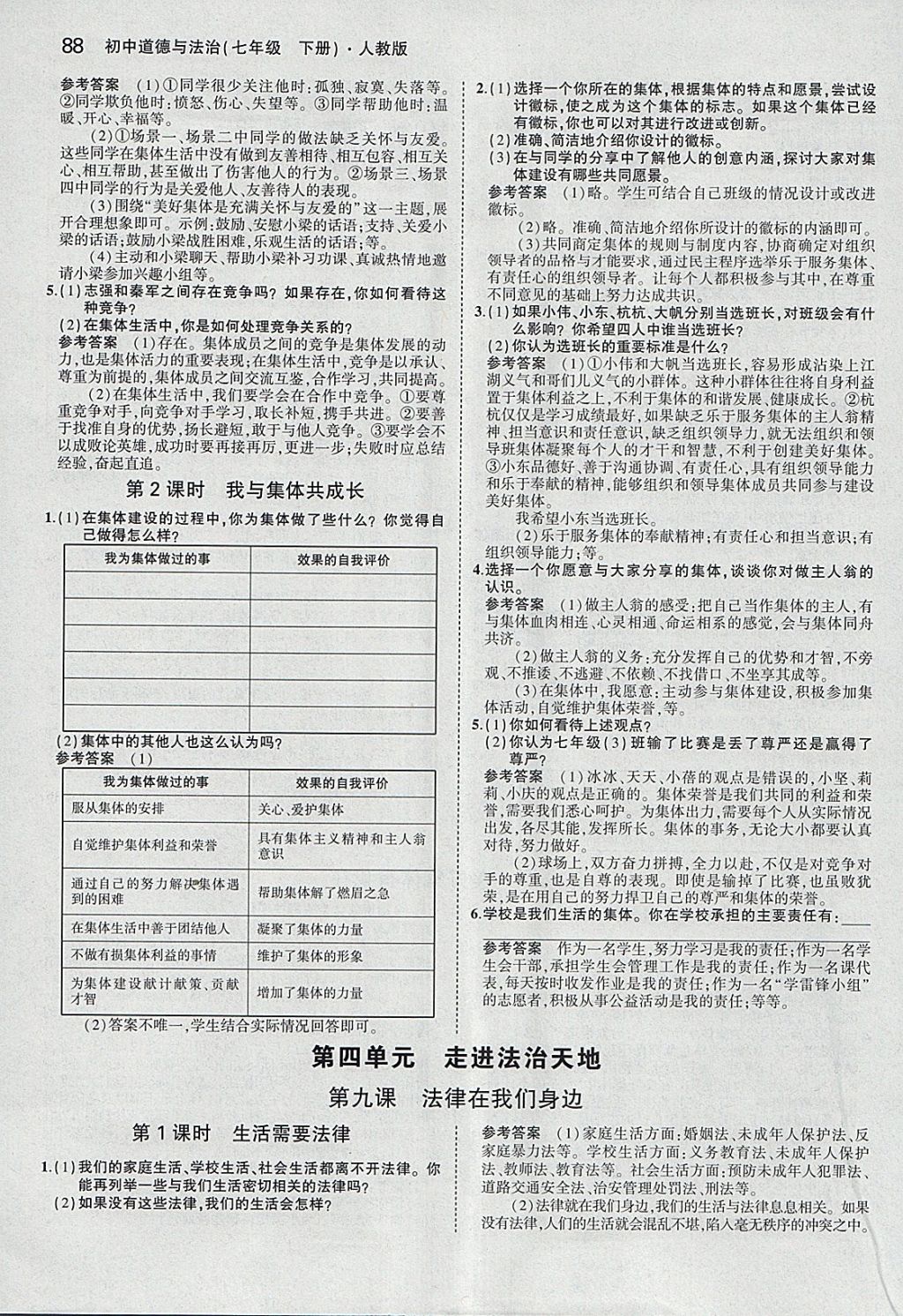 课本人教版七年级道德与法治下册 参考答案第10页