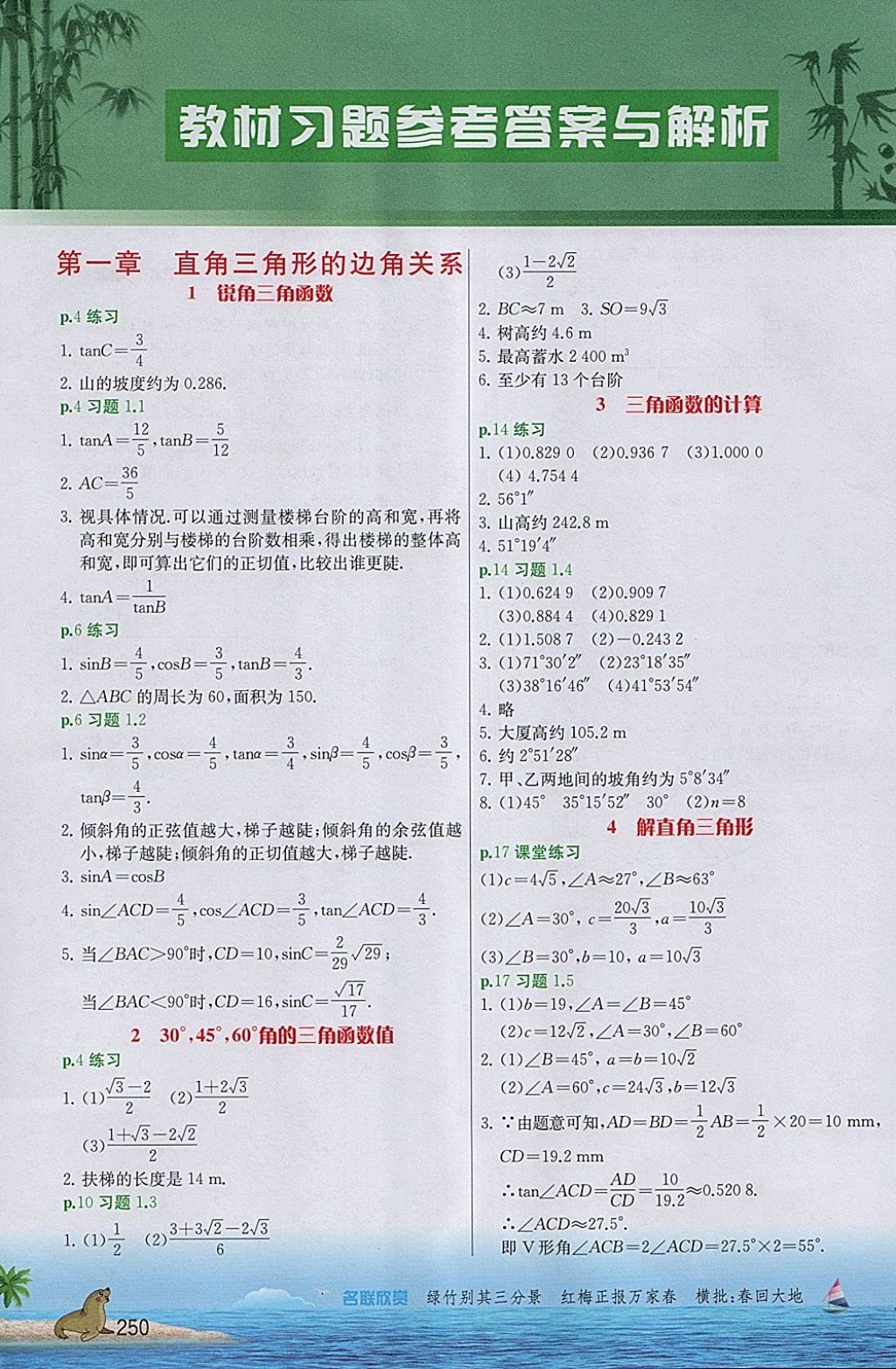 2018年实验班提优课堂九年级数学下册北师大版 参考答案第1页