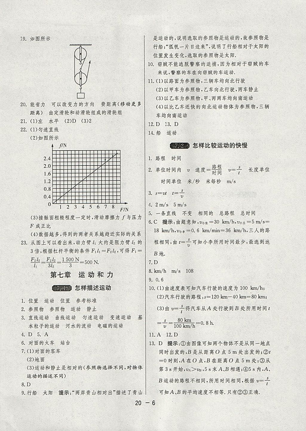 2018年1课3练单元达标测试八年级物理下册沪粤版 参考答案第6页