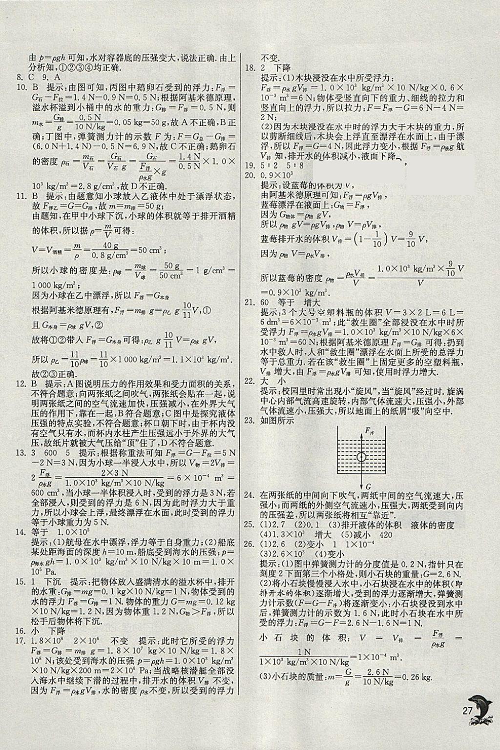 2018年實(shí)驗(yàn)班提優(yōu)訓(xùn)練八年級(jí)物理下冊(cè)滬粵版 參考答案第27頁