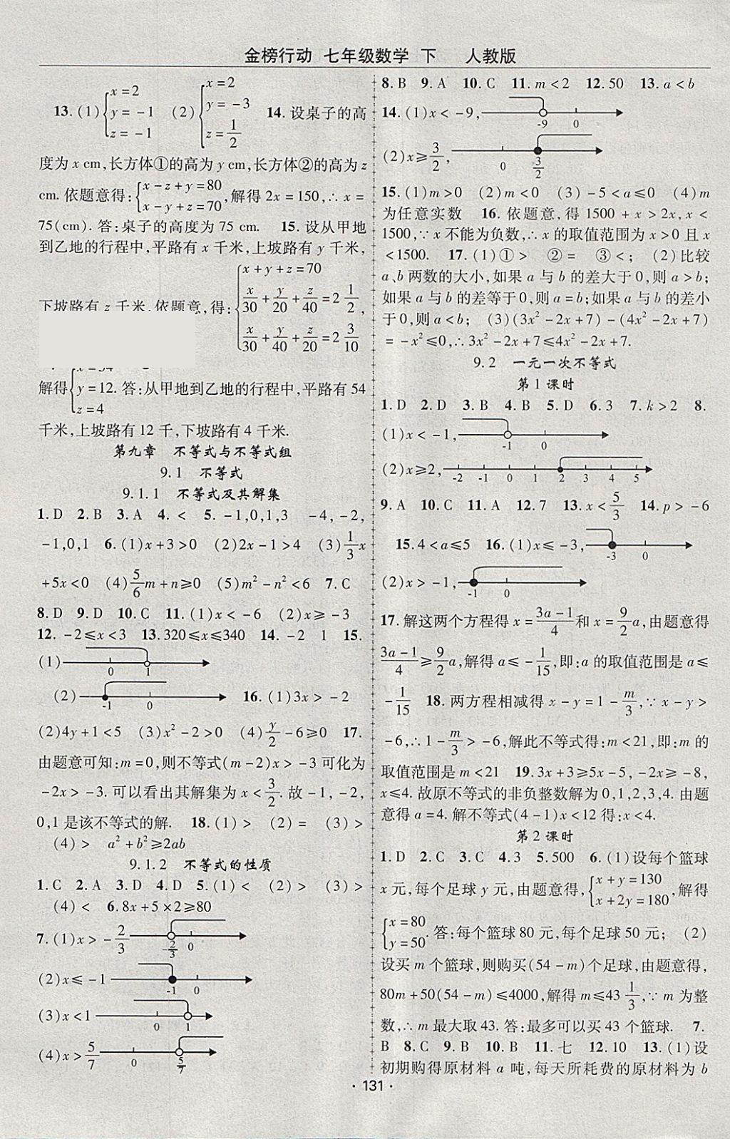 2018年金榜行动课时导学案七年级数学下册人教版 参考答案第7页