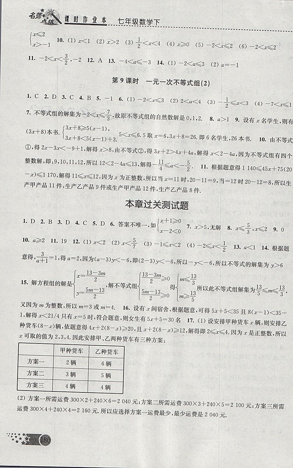 2018年名师点拨课时作业本七年级数学下册江苏版 参考答案第12页