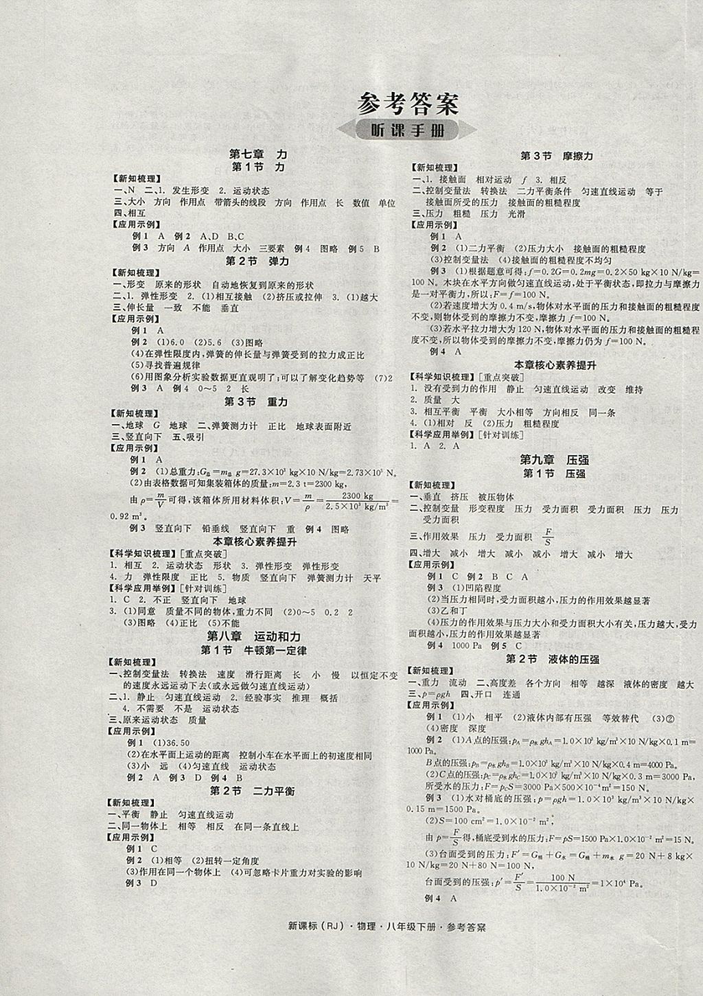 2018年全品學(xué)練考八年級物理下冊人教版 參考答案第1頁